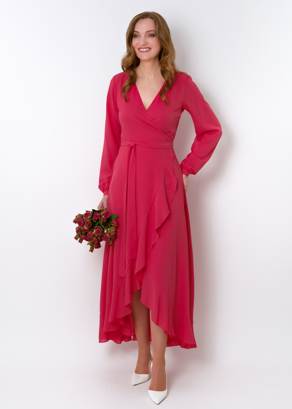 Coral pink chiffon wrap dress