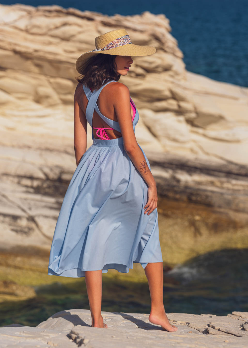 Blue organic cotton cross-back dress