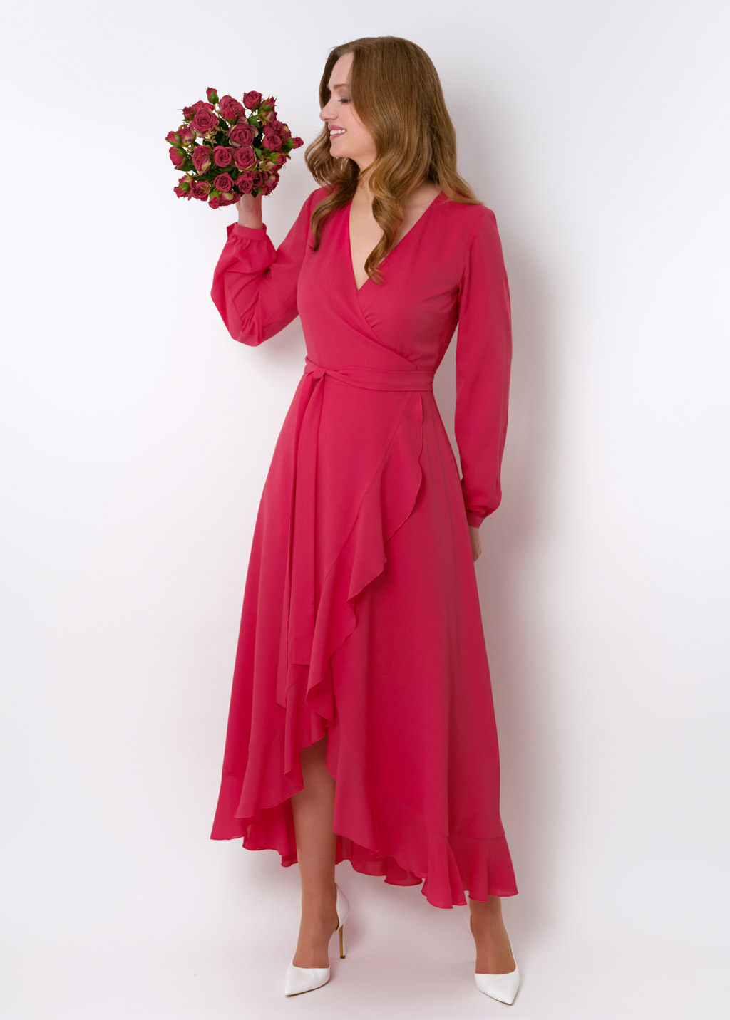 Coral pink chiffon wrap dress