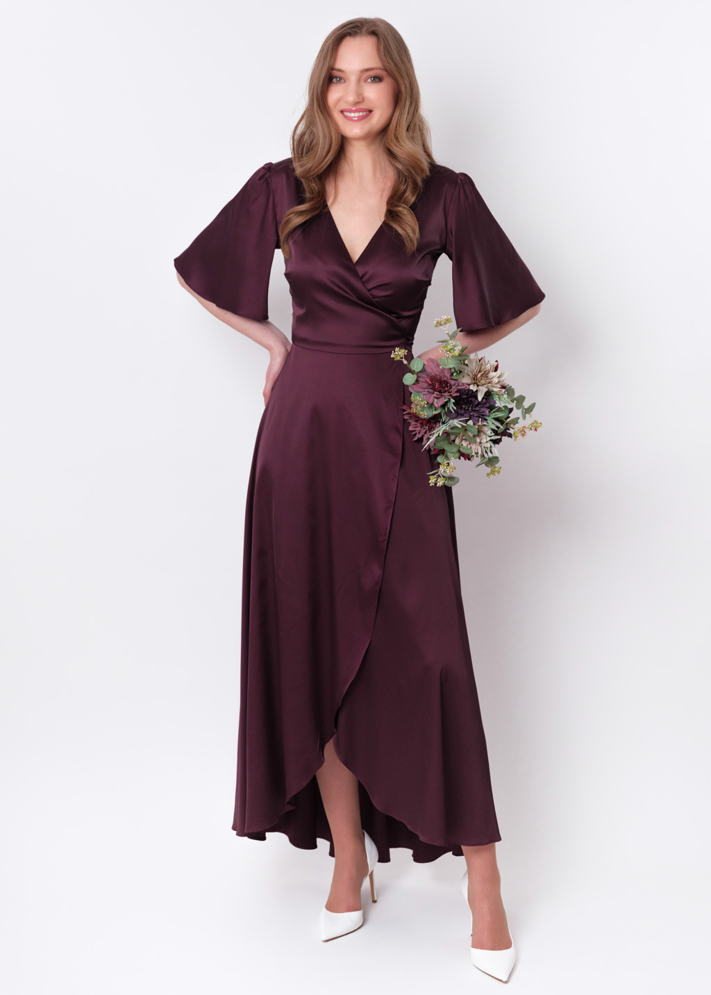 Dark burgundy silk long wrap dress