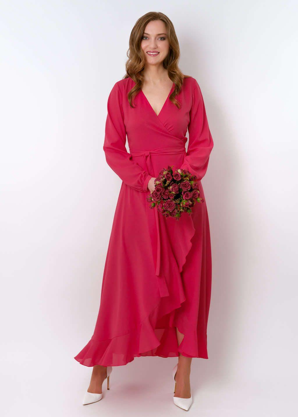 Coral pink chiffon wrap dress