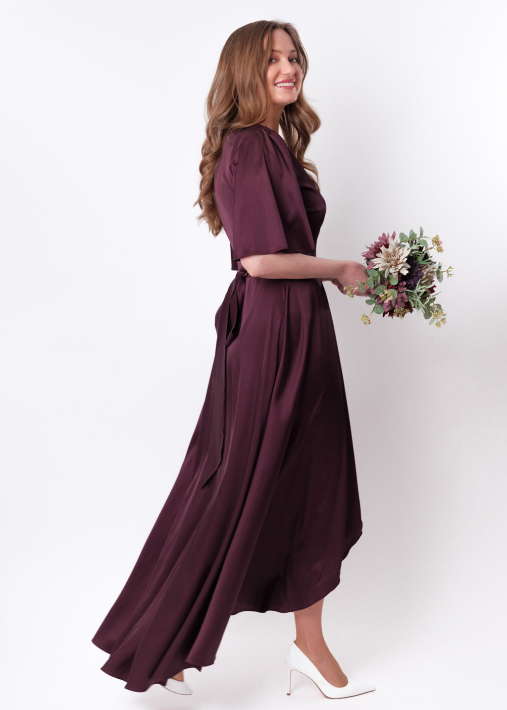 Dark burgundy silk long wrap dress