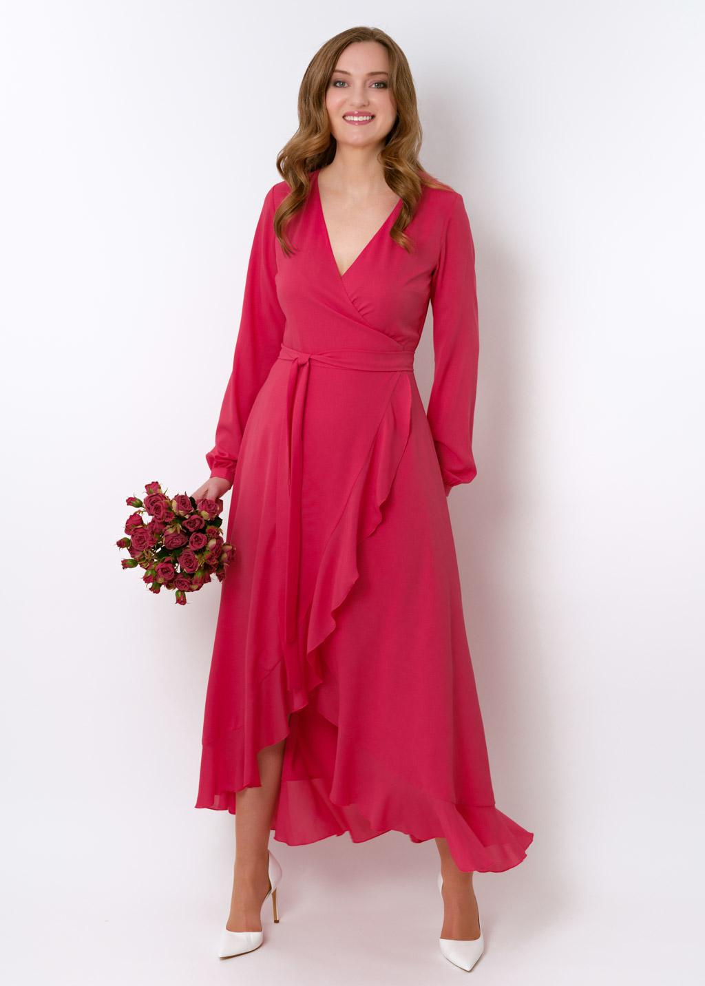 Coral pink chiffon wrap dress