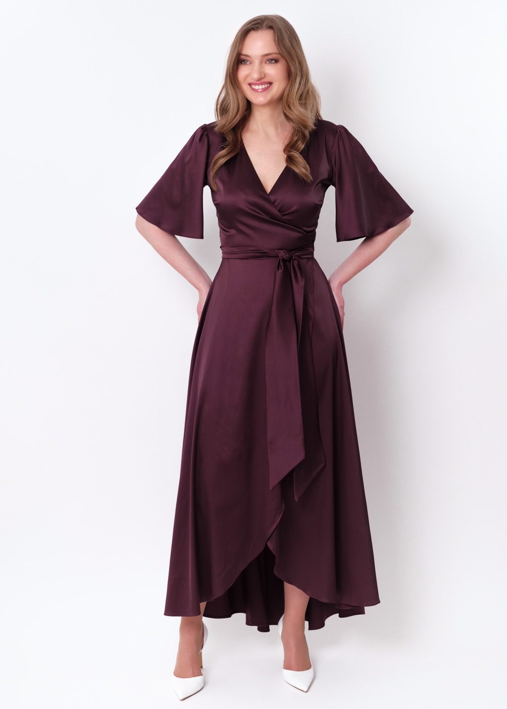 Dark burgundy silk long wrap dress