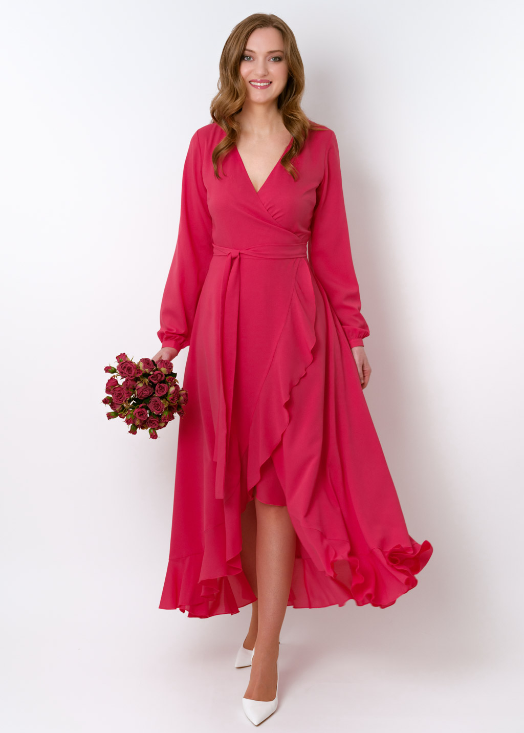 Coral pink chiffon wrap dress