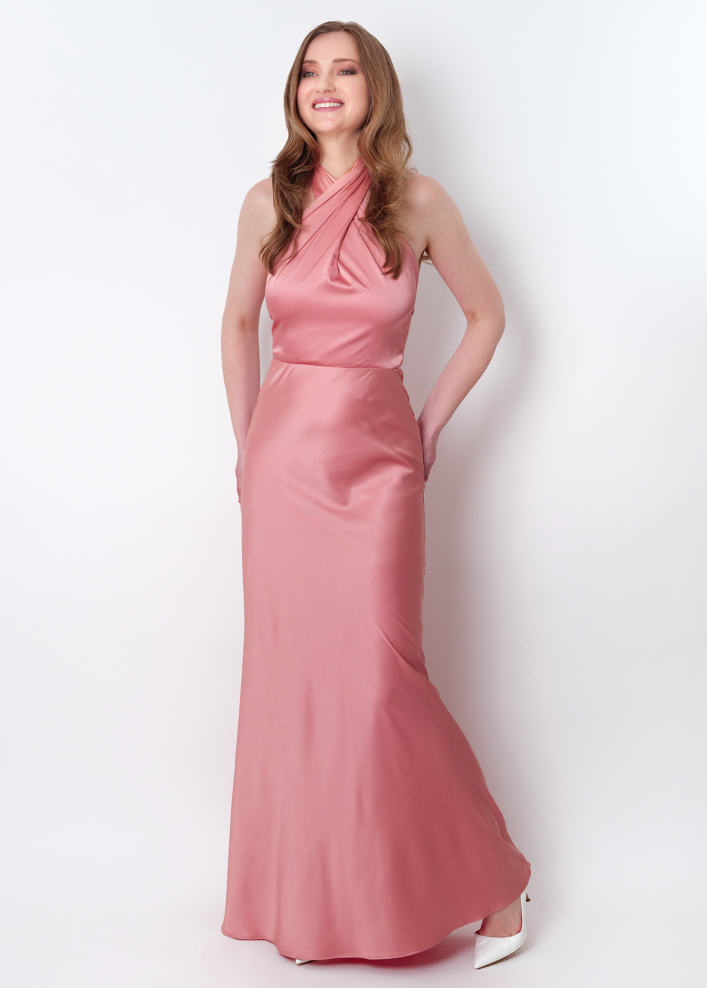 Blush pink silk long halter dress
