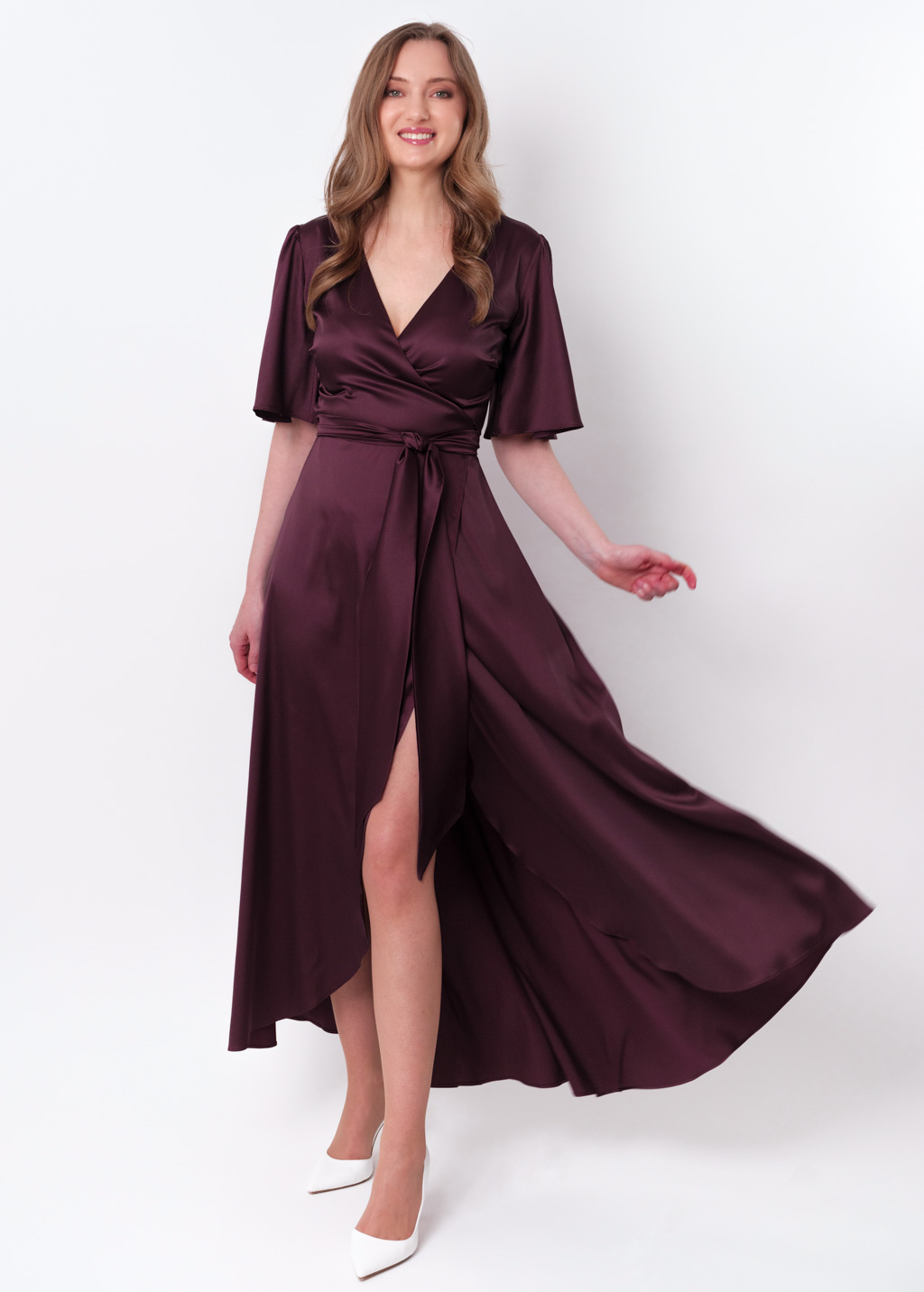 Dark burgundy silk long wrap dress