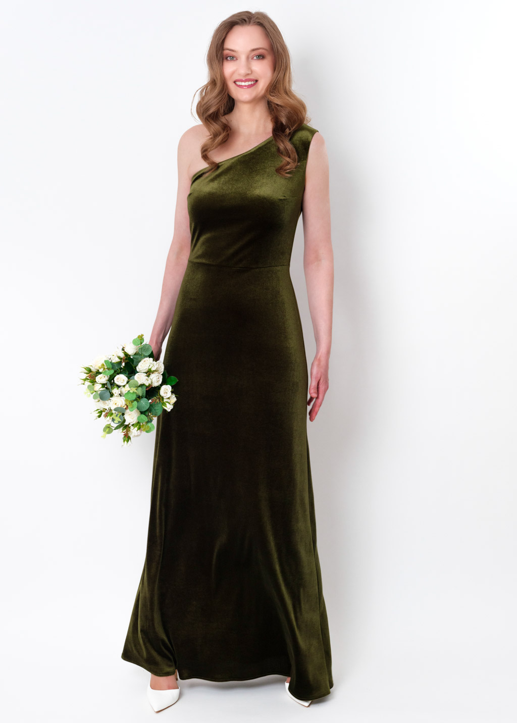 Olive green velvet one shoulder dress