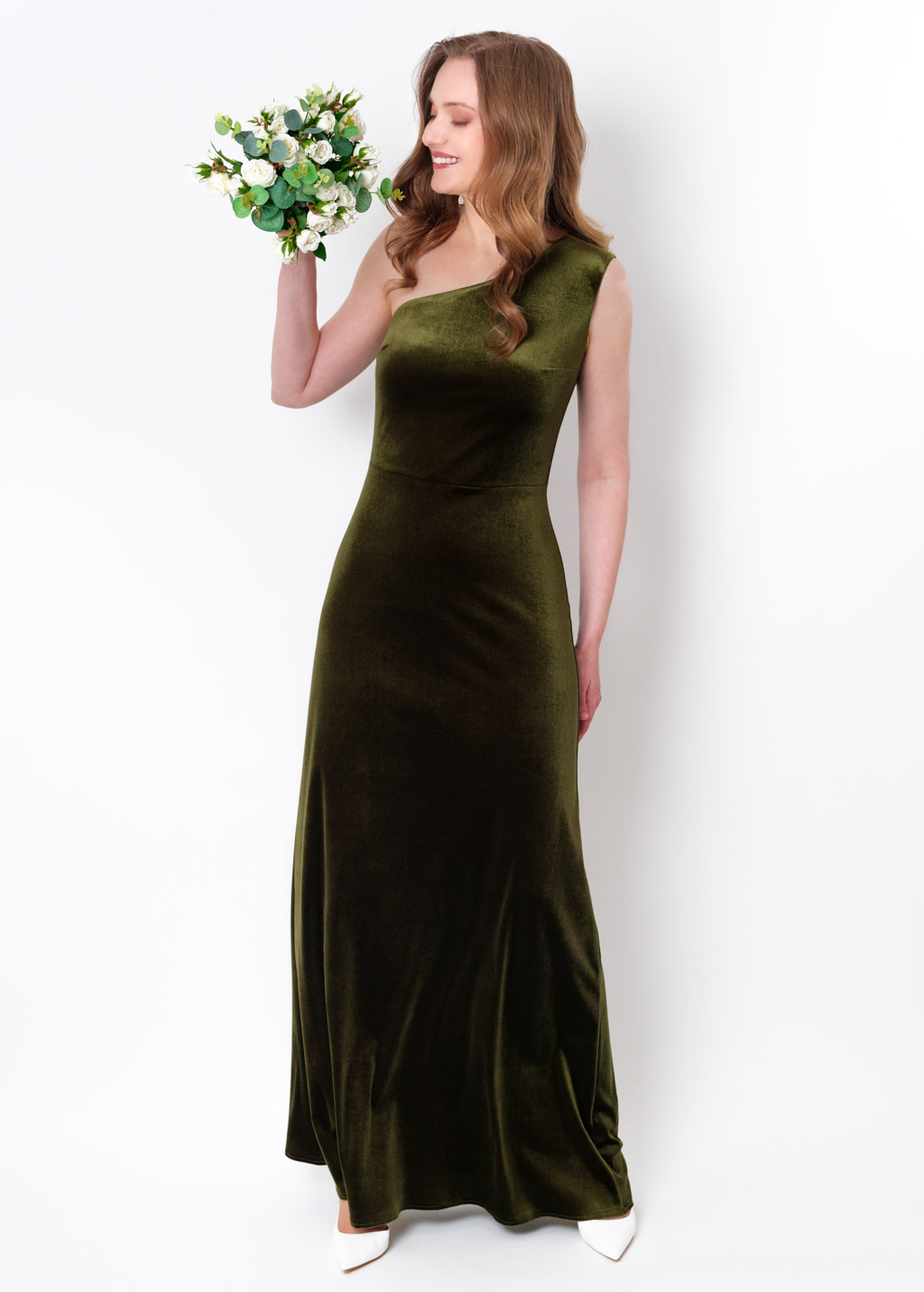 Olive green velvet one shoulder dress