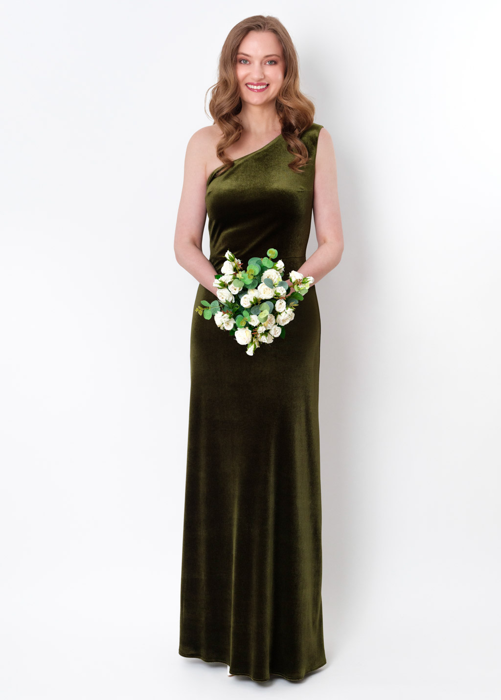 Olive green velvet one shoulder dress