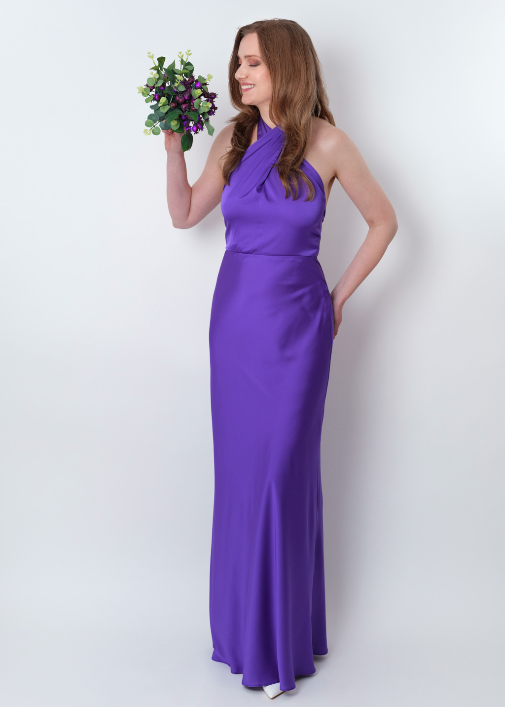 Purple silk long halter dress