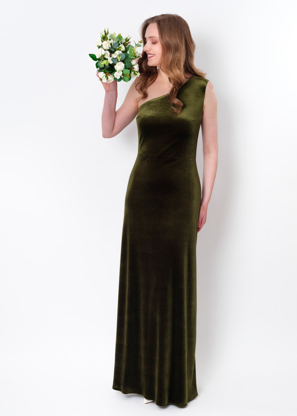 Olive green velvet one shoulder dress