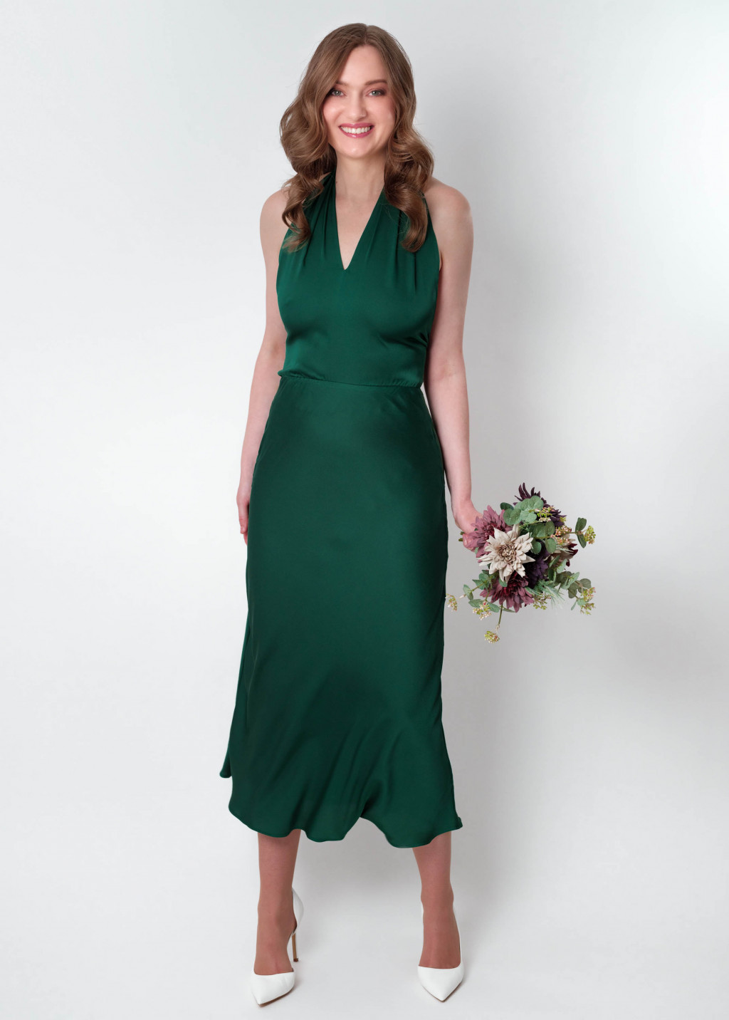 Dark green silk mid-calf halter dress