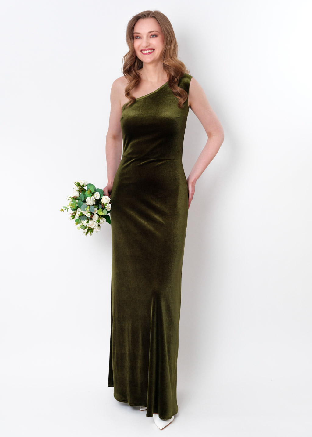 Olive green velvet one shoulder dress