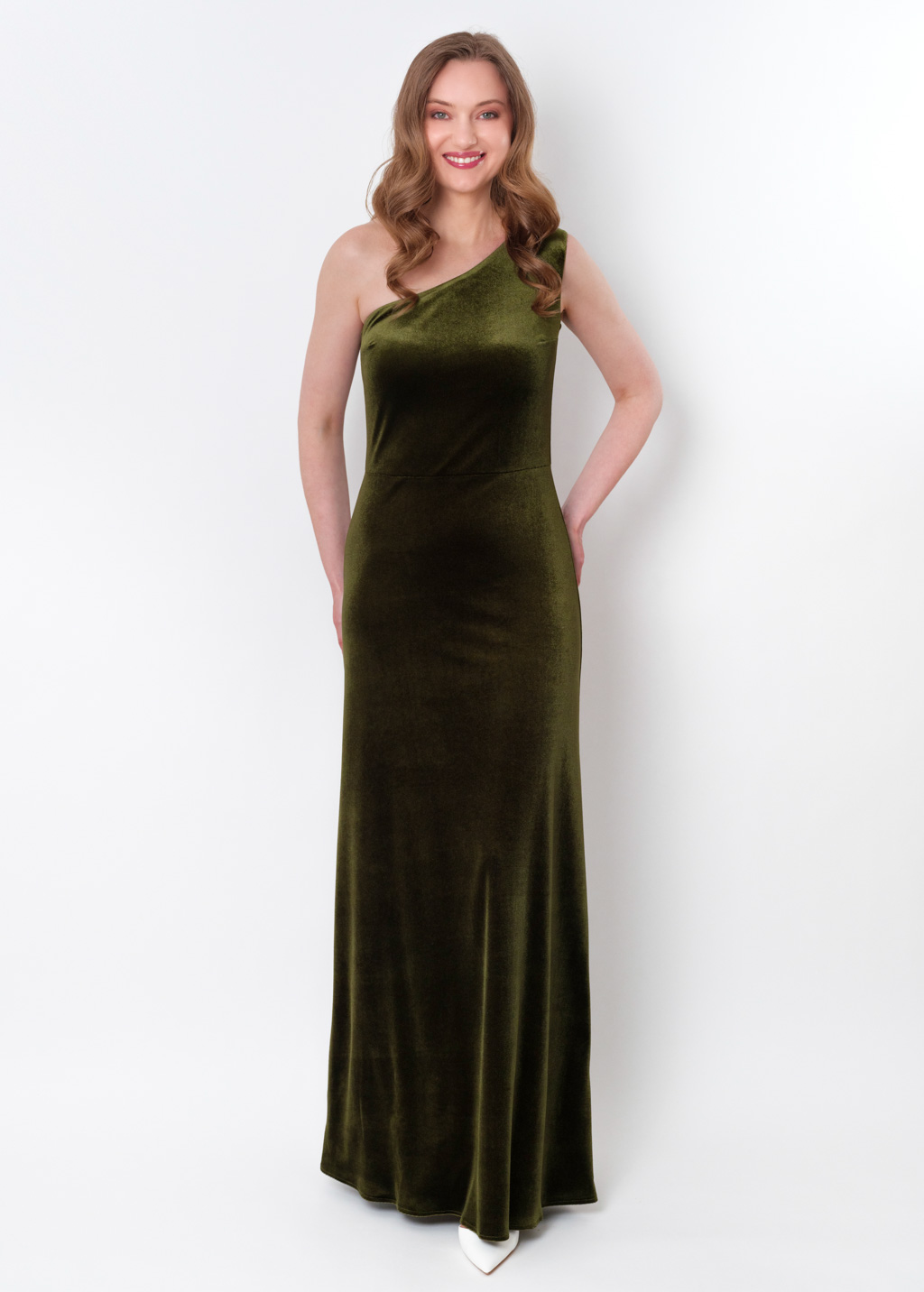 Olive green velvet one shoulder dress