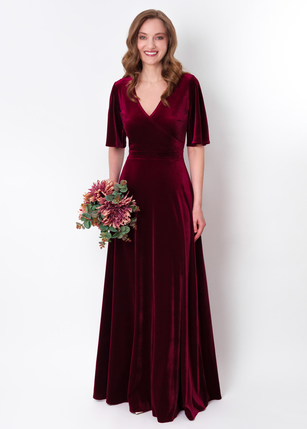 Burgundy velvet wrap long dress