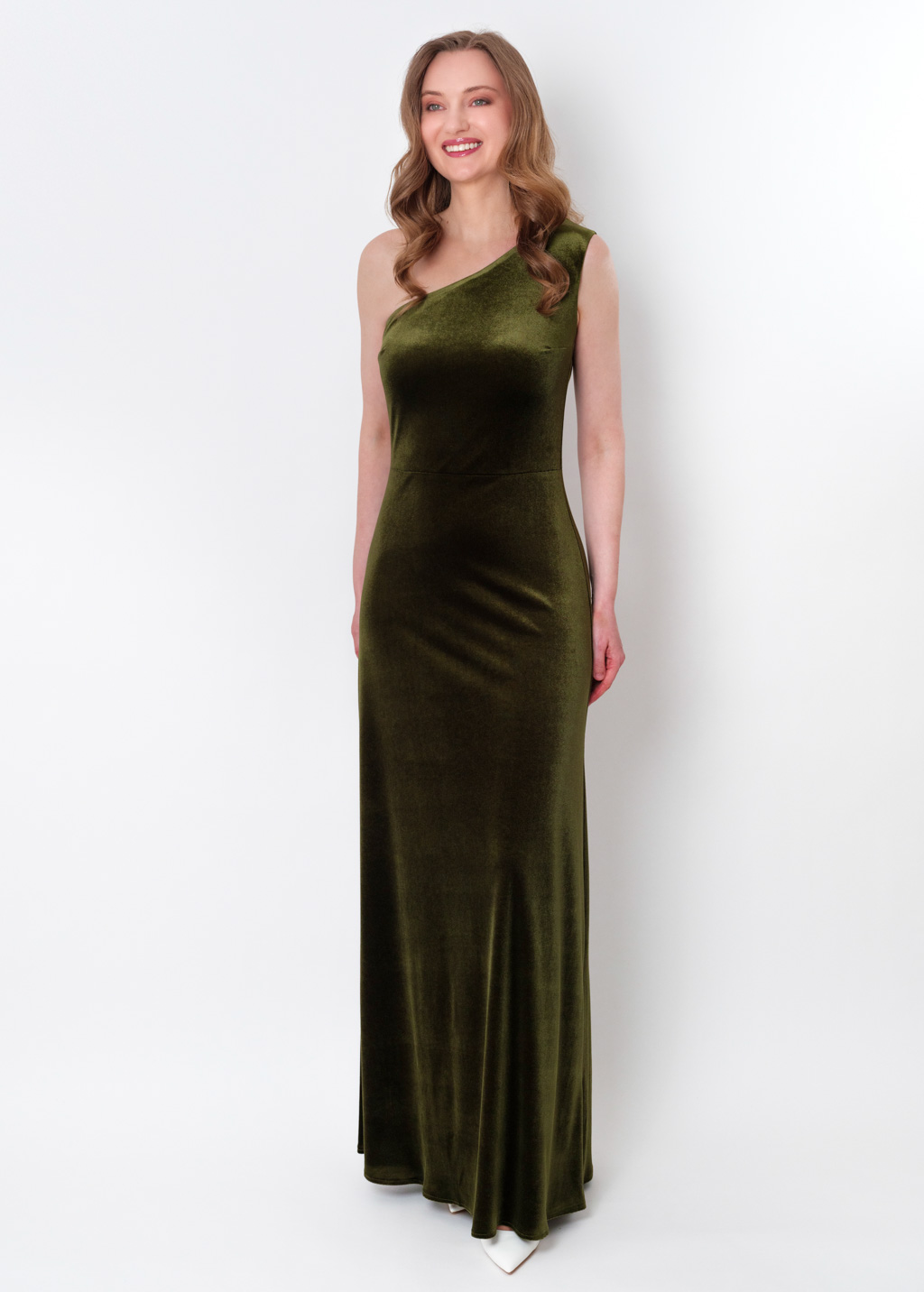 Olive green velvet one shoulder dress