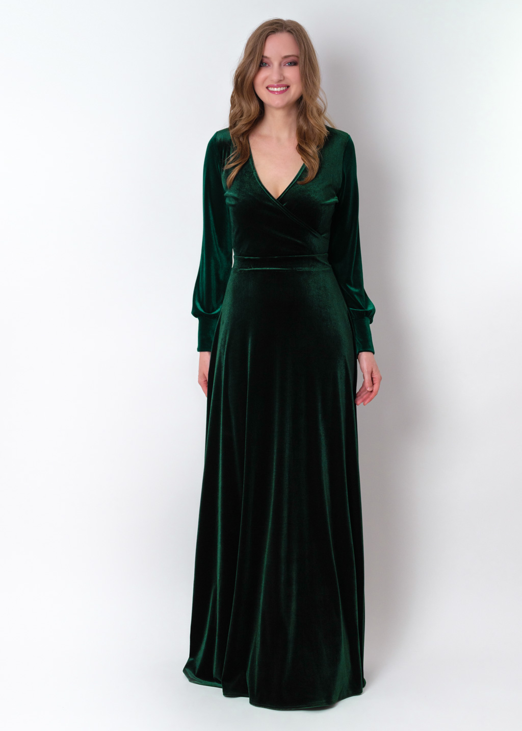 Emerald green velvet long wrap dress