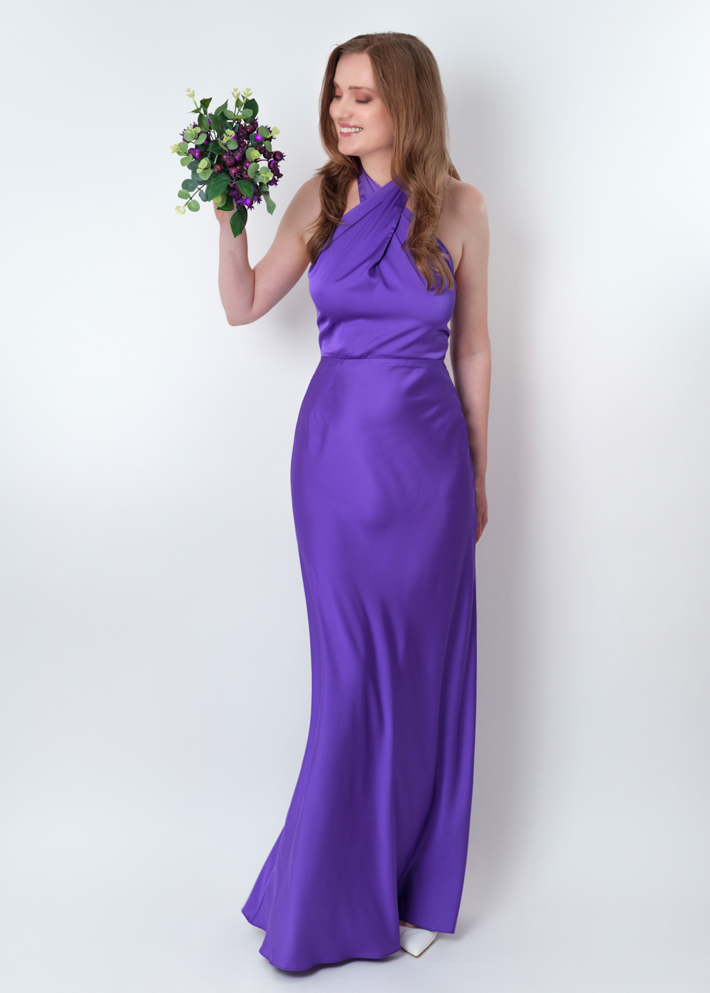 Purple silk long halter dress