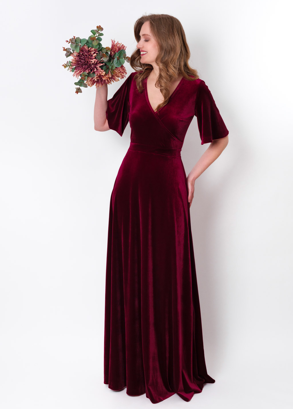 Burgundy velvet wrap long dress