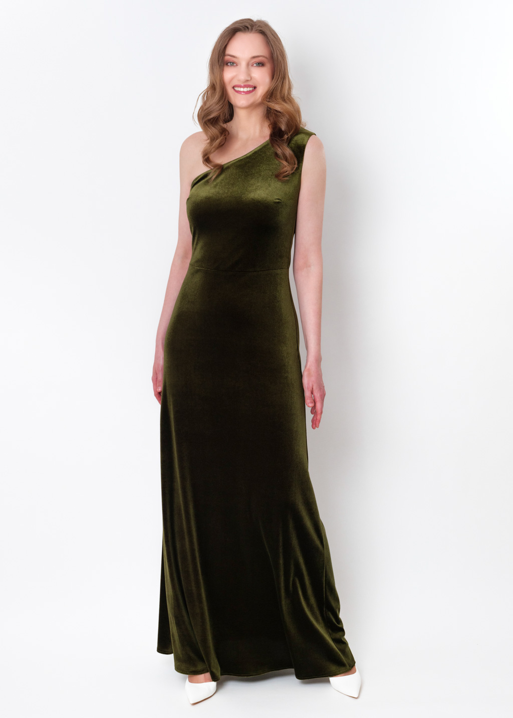 Olive green velvet one shoulder dress