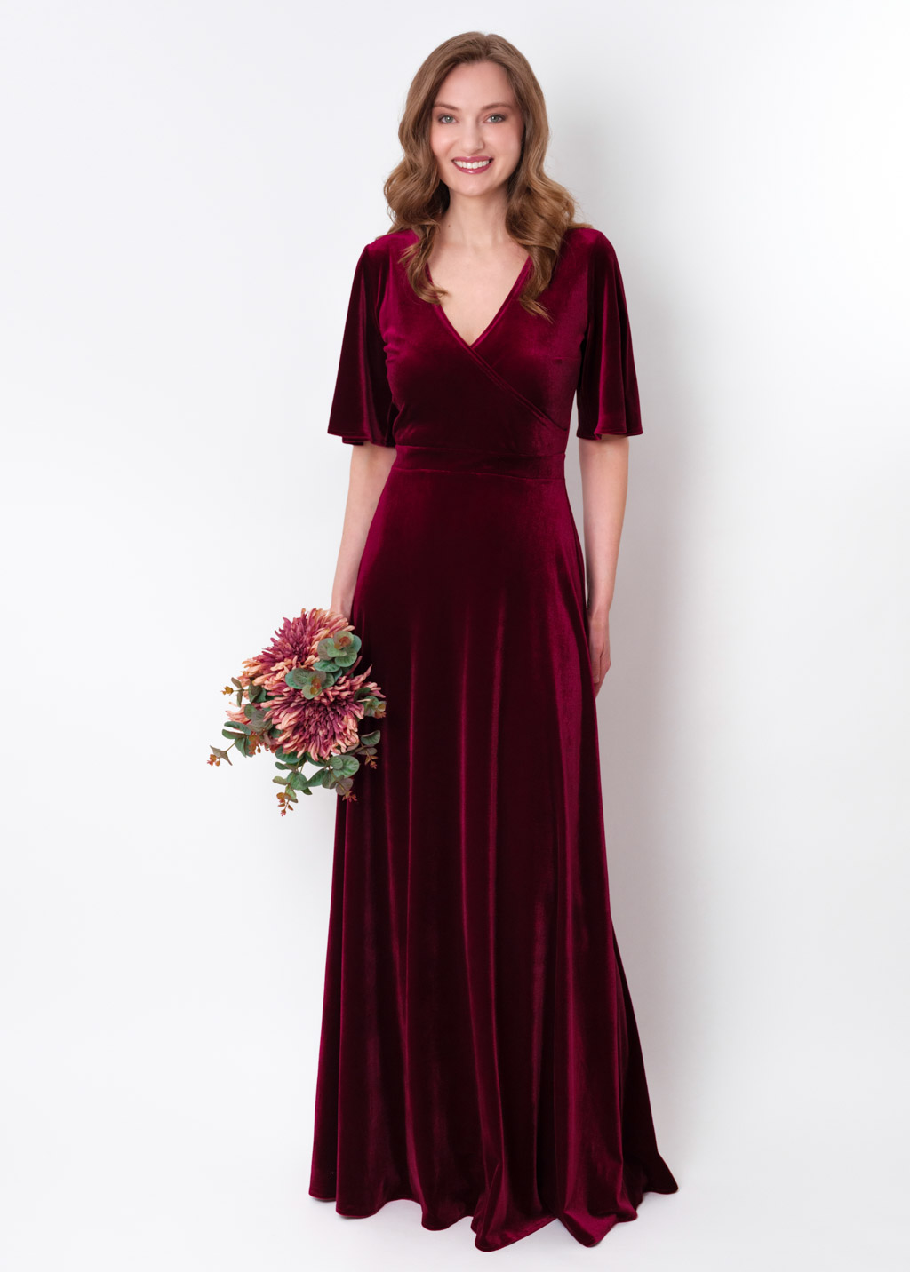 Burgundy velvet wrap long dress