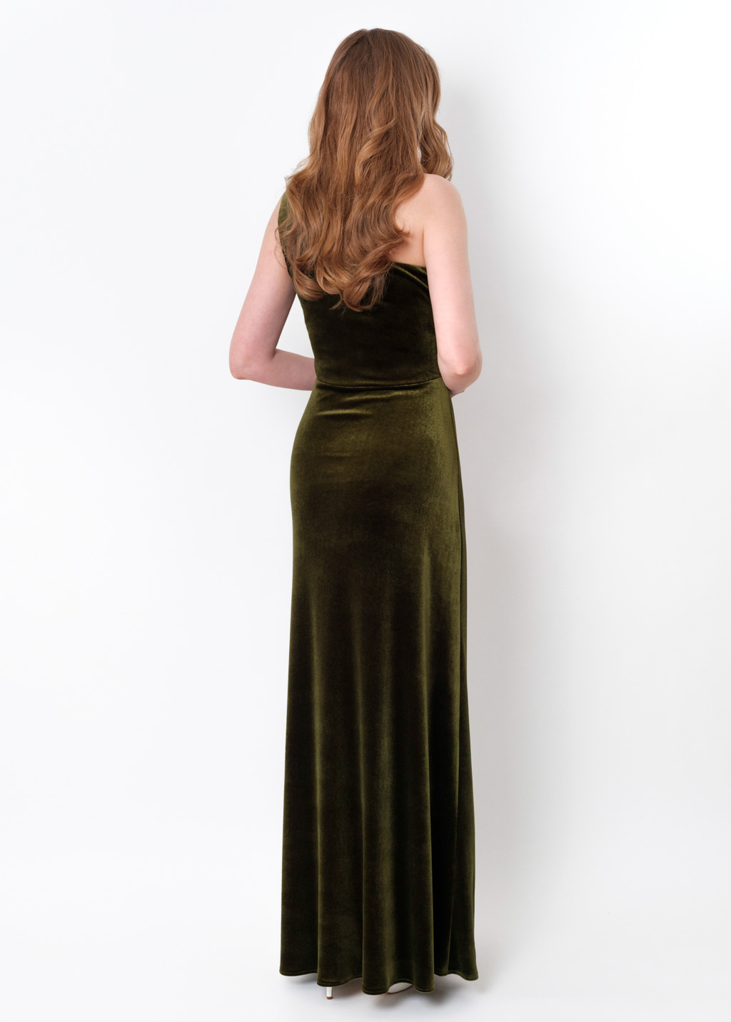 Olive green velvet one shoulder dress