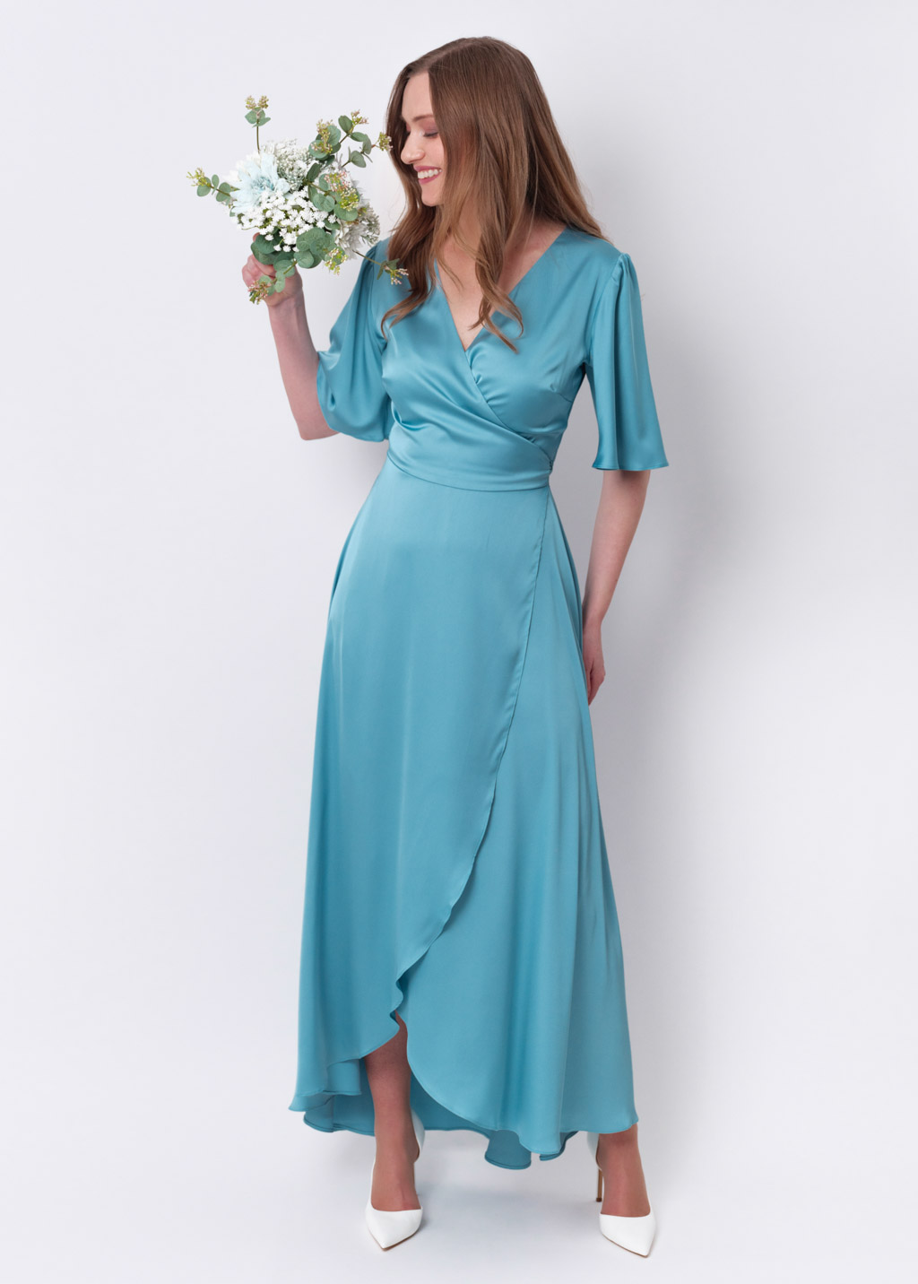 Dusty blue silk long wrap dress