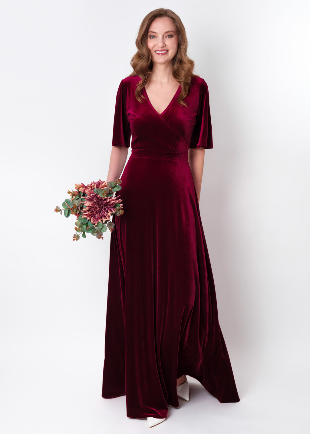 Burgundy velvet wrap long dress