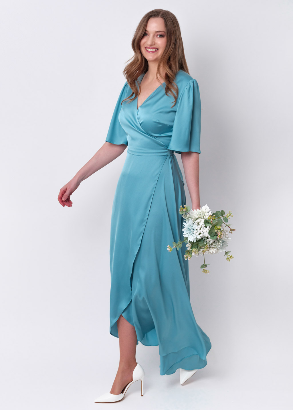 Dusty blue silk long wrap dress