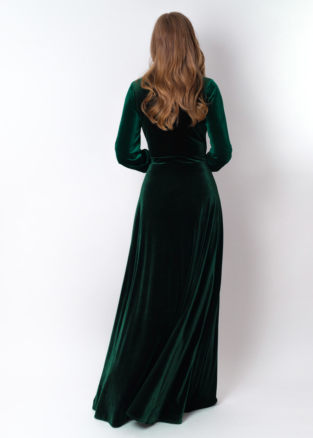 Emerald green velvet long wrap dress