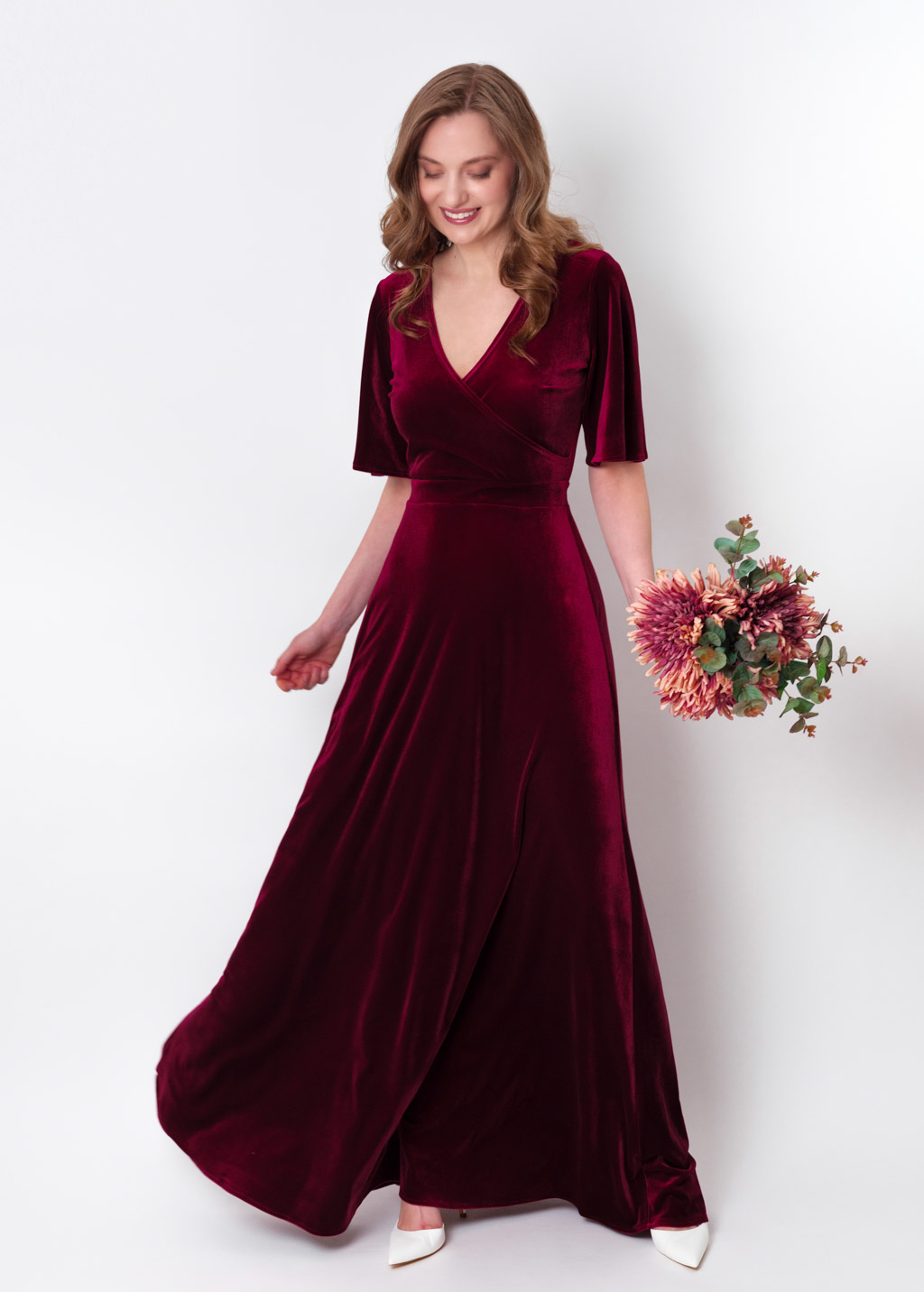 Burgundy velvet wrap long dress