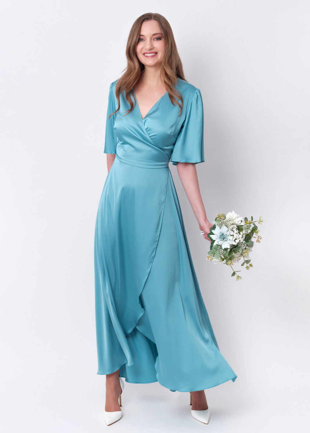 Dusty blue silk long wrap dress