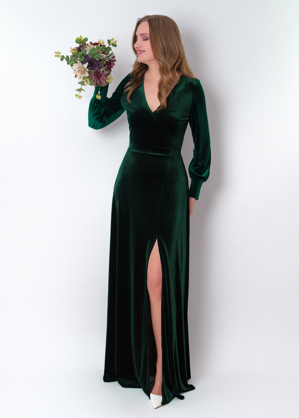 Emerald green velvet long wrap slit dress