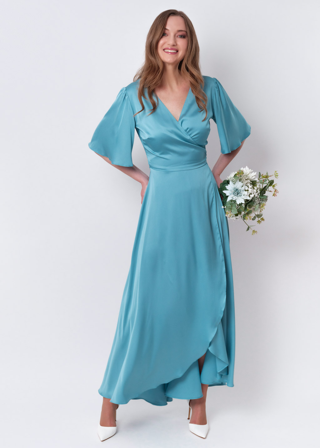 Dusty blue silk long wrap dress