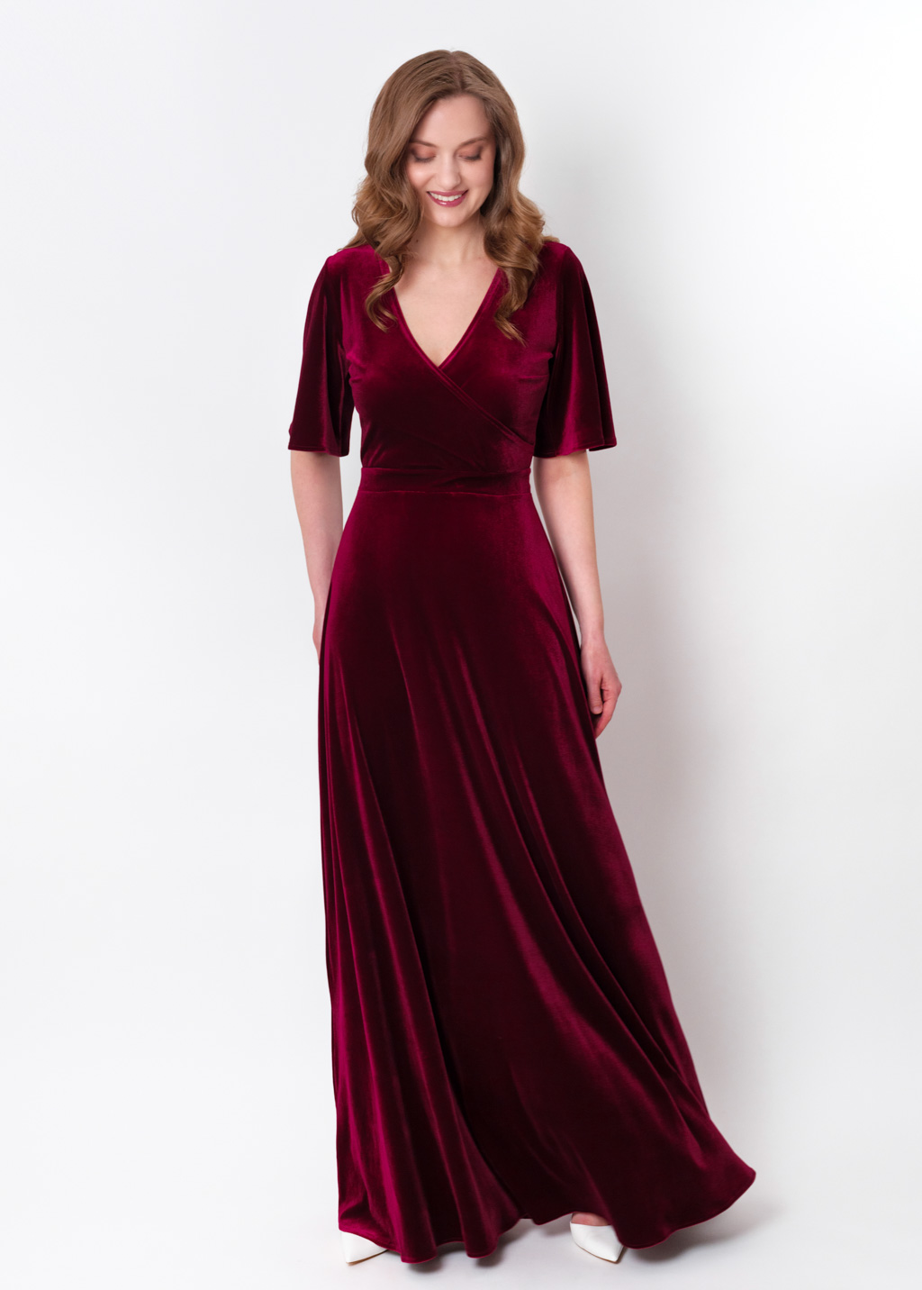 Burgundy velvet wrap long dress