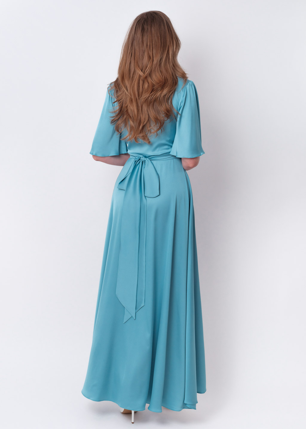 Dusty blue silk long wrap dress