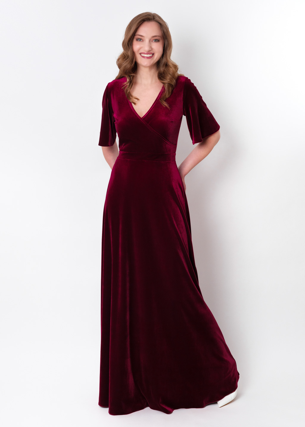 Burgundy velvet wrap long dress