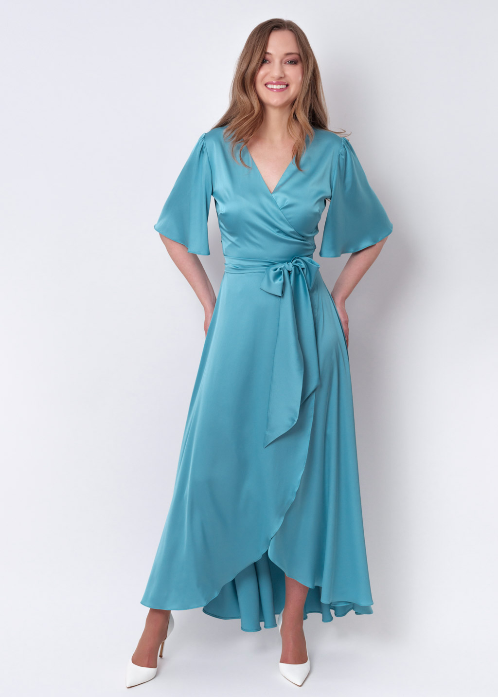 Dusty blue silk long wrap dress