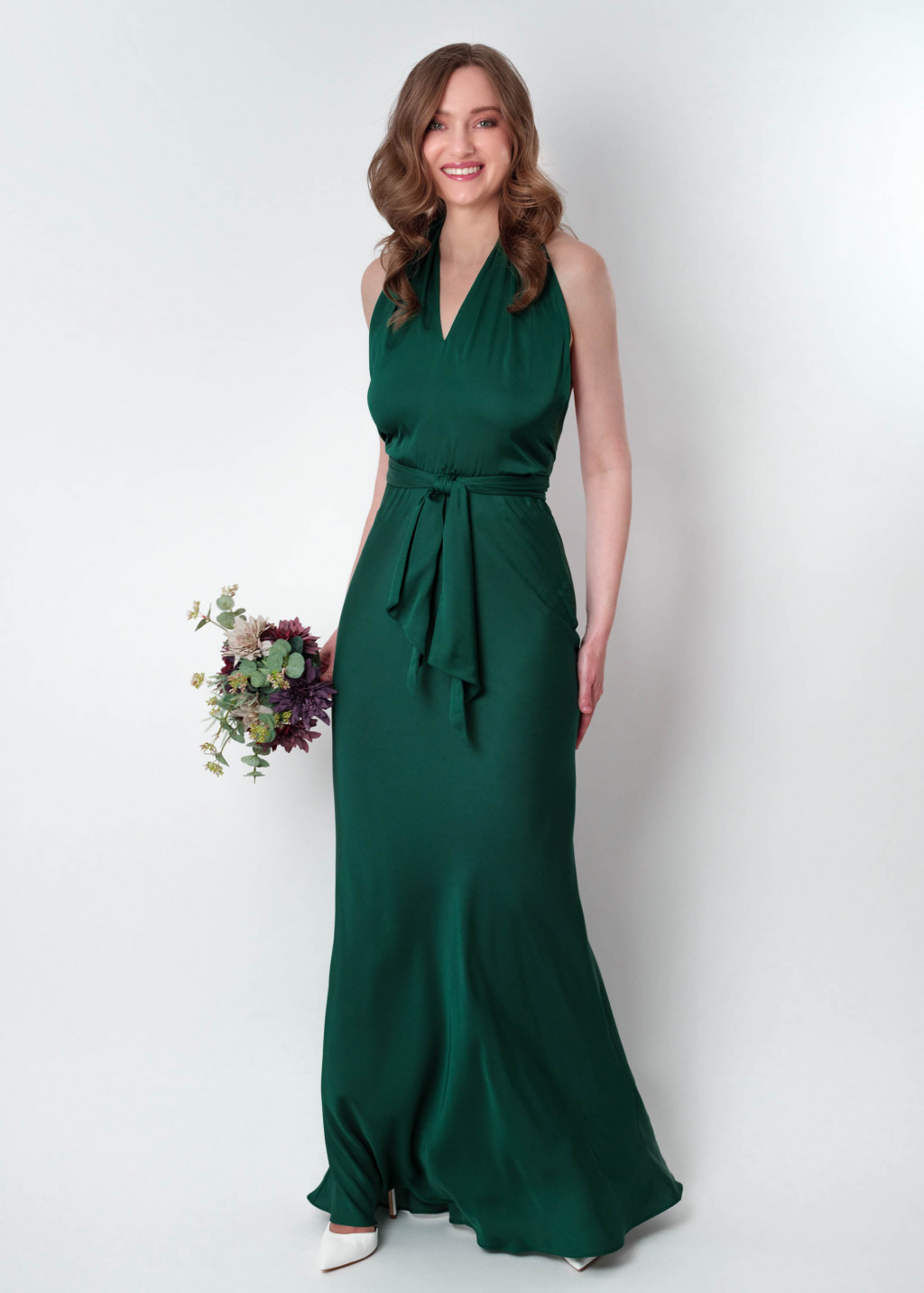 Dark green silk long halter dress