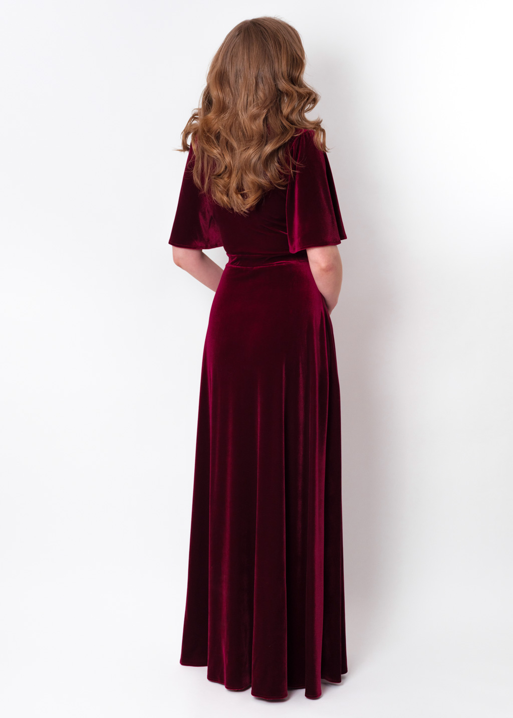 Burgundy velvet wrap long dress