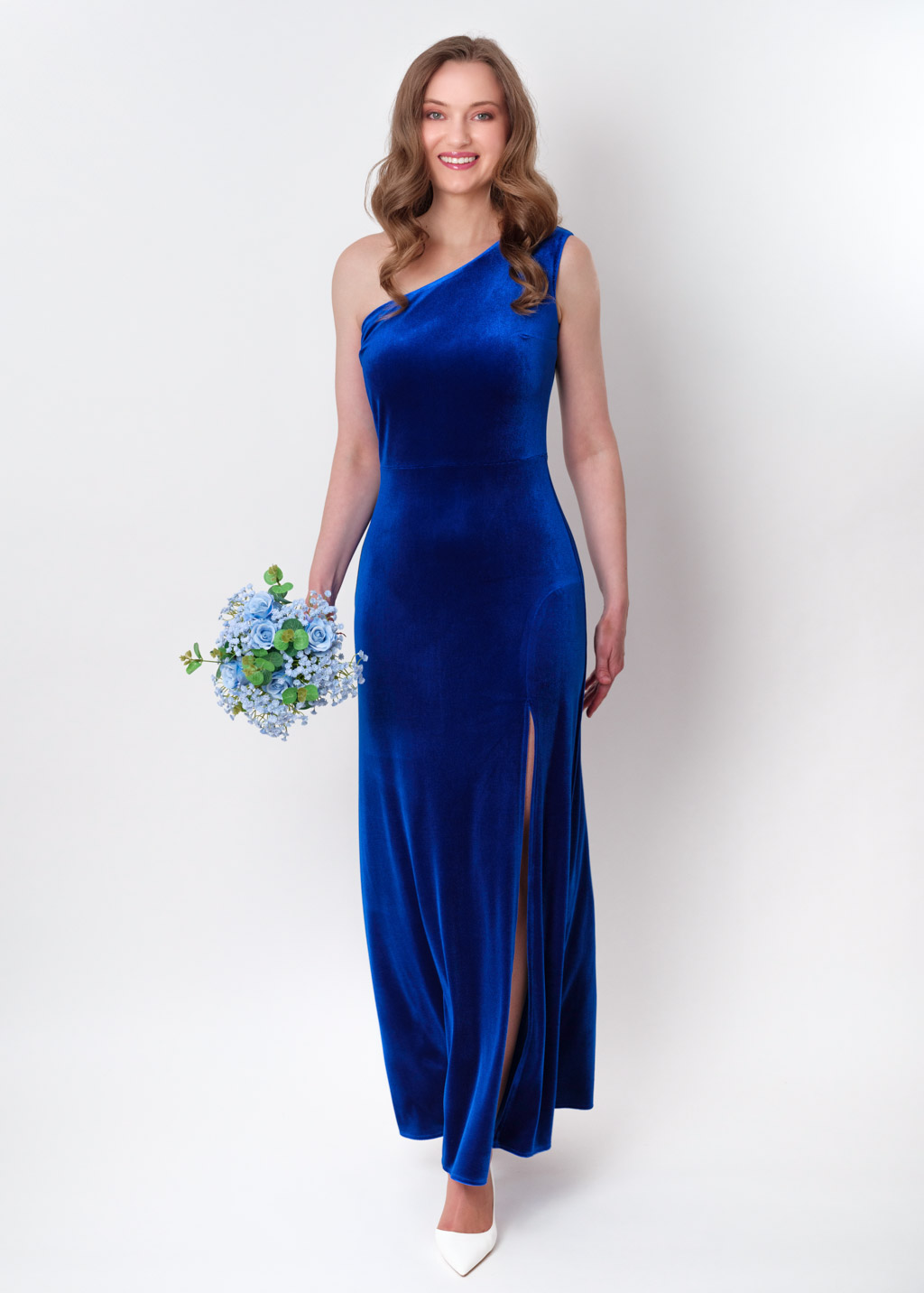 Royal blue velvet one shoulder slit dress