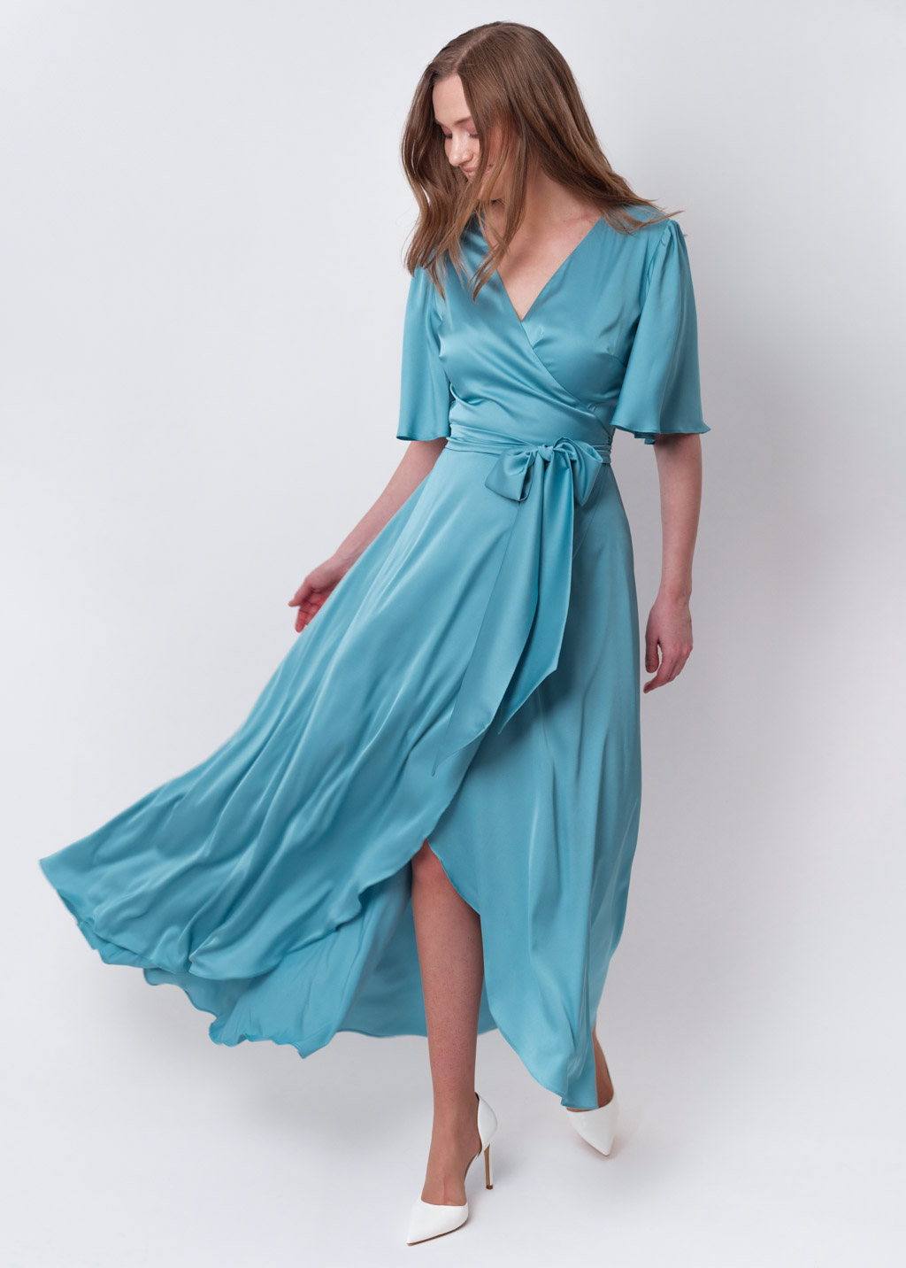 Dusty blue silk long wrap dress