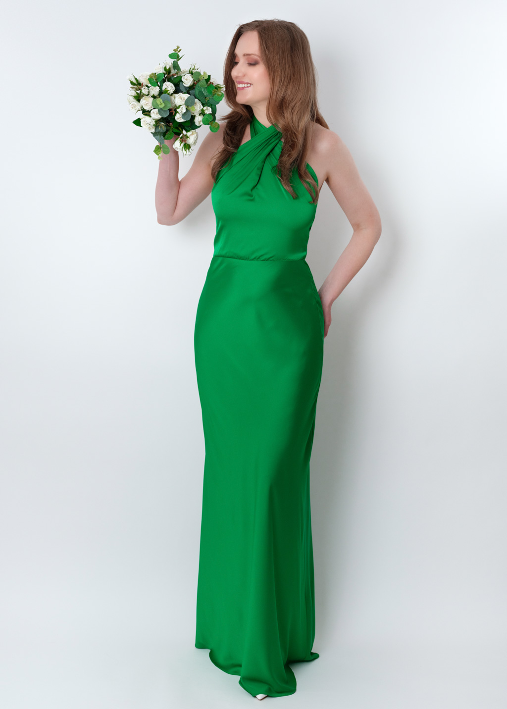 Green silk long halter dress