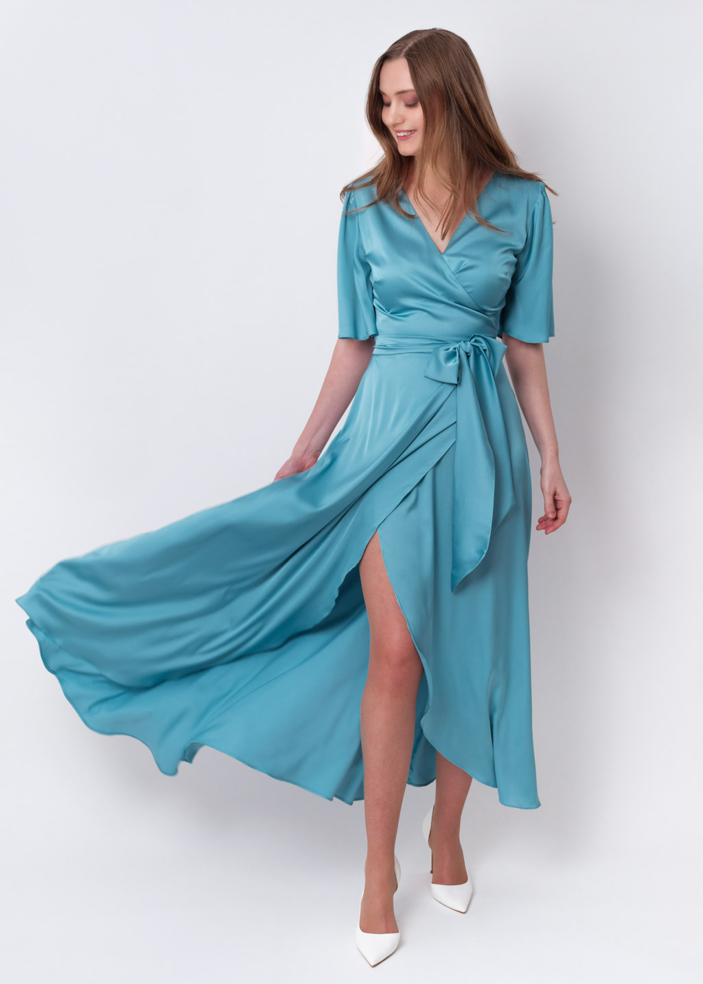 Dusty blue silk long wrap dress