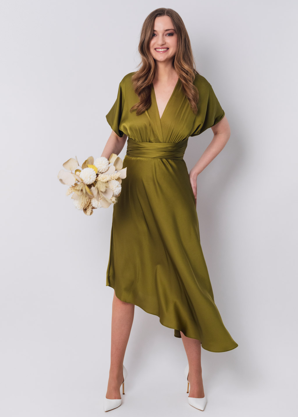 Olive silk infinity asymmetric dress