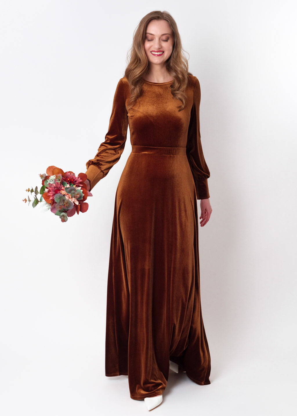 Rust gold velvet long dress