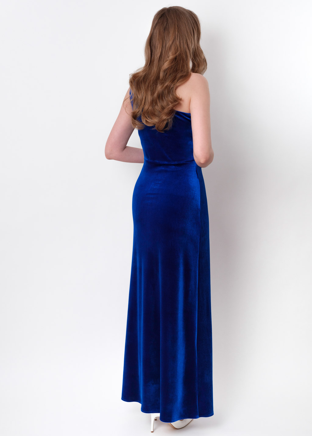 Royal blue velvet one shoulder slit dress