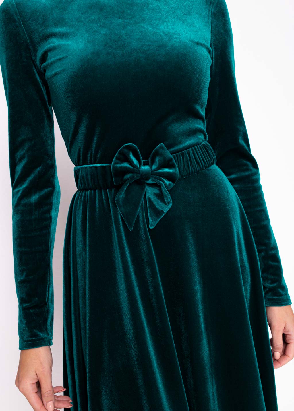 Teal green velvet long dress with belt