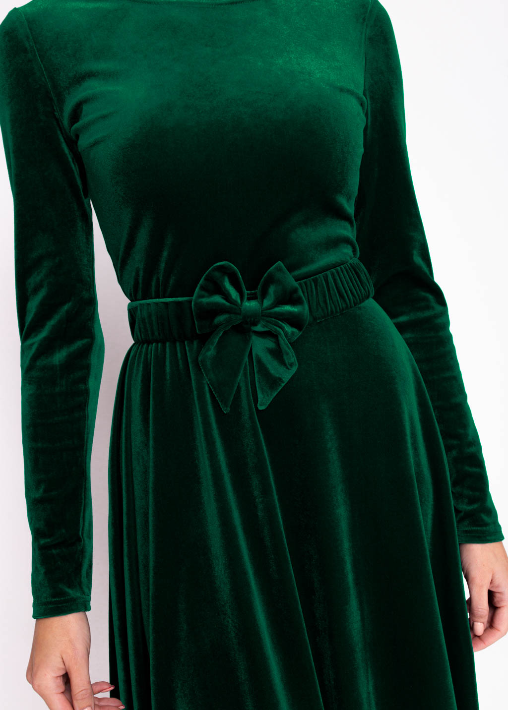 Emerald green velvet long dress with belt